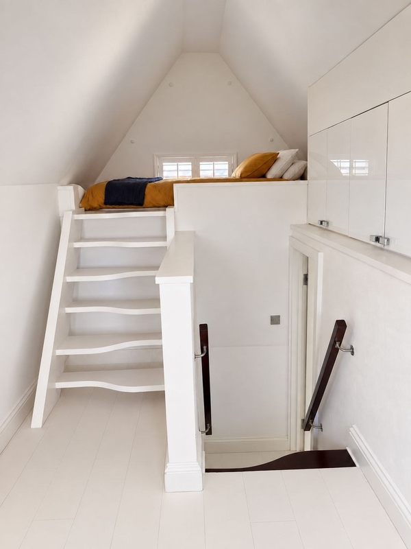 Unique mezzanine sleeping nook and access ladder inside a modern converted Victorian school shoot location in Brixton SW4 from Love Locations.