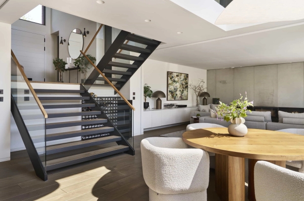 Feature floating steel staircase in a luxury modern location house, ideal for fashion and editorial shoots, Love Locations.