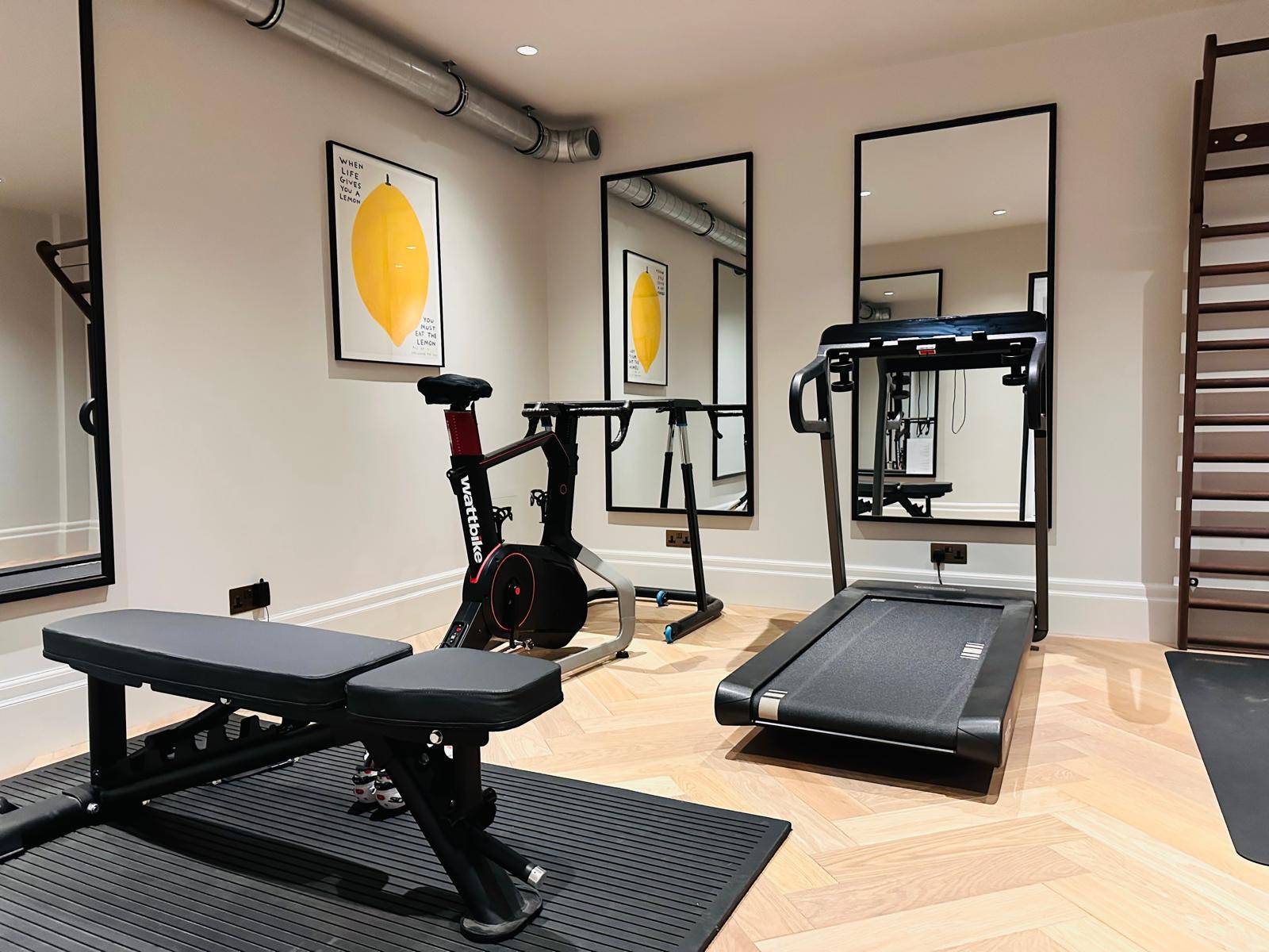 Home gym room set up with a treadmill, exercise bike, weight bench, and wall mirrors, Love Locations TW11.