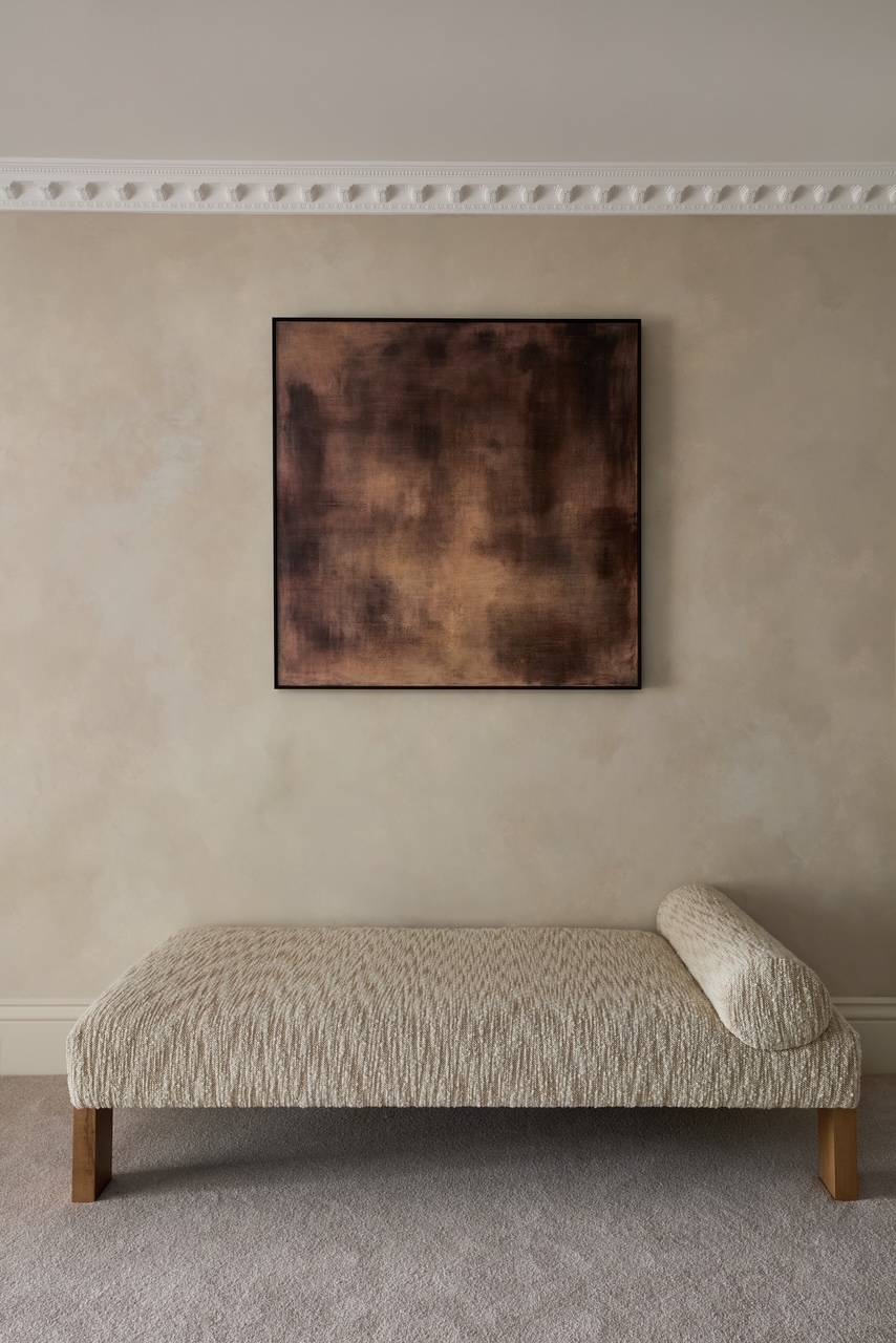 Minimalist daybed arrangement set against a textured neutral gallery wall with a large abstract painting, ideal for fine art and luxury lifestyle advertising, Love Locations WD23.
