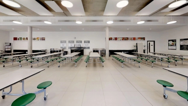 Bright and spacious institutional dining space inside an East Dulwich secondary school, perfect for TV dramas, Love Locations.