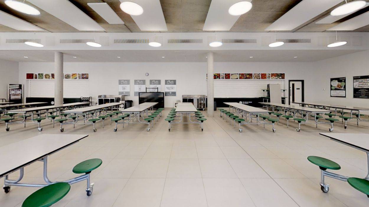Bright and spacious institutional dining space inside an East Dulwich secondary school, perfect for TV dramas, Love Locations.