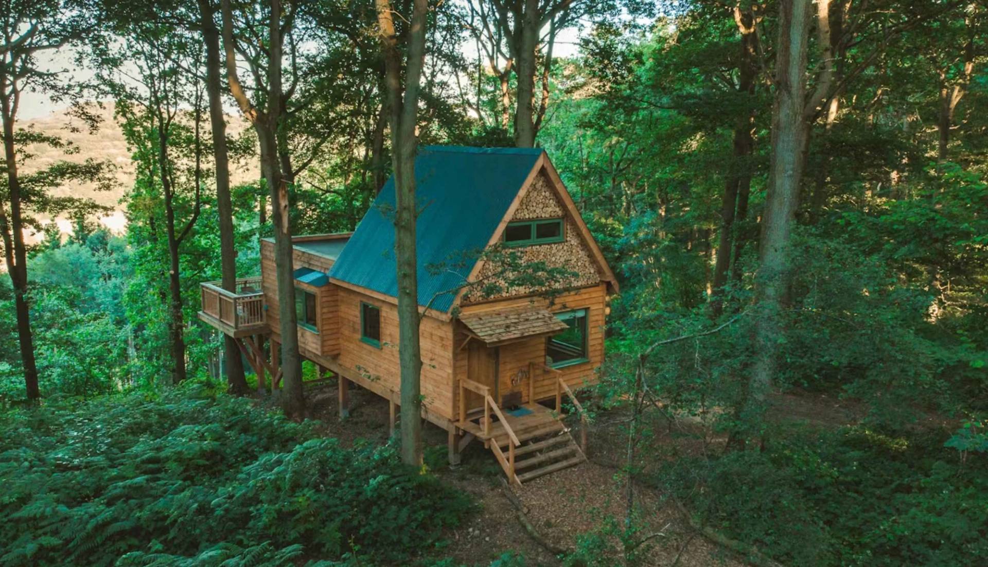 Elevated side profile view of an architectural multi-level timber treehouse structure hidden within a dense Herefordshire forest, Love Locations.