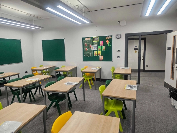 Contemporary secondary school classroom set with modern lighting for commercial filming in South London, through Love Locations.