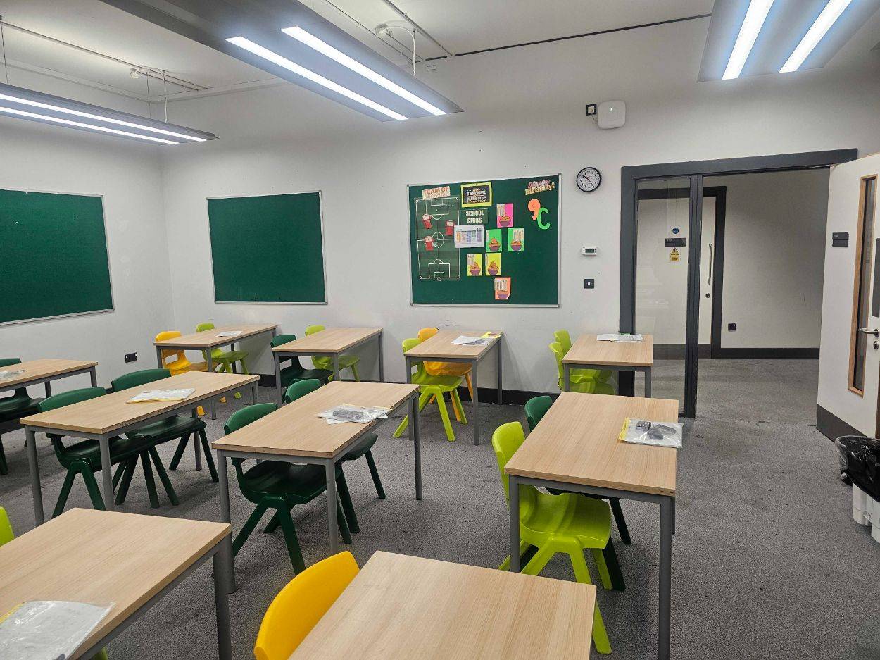 Contemporary secondary school classroom set with modern lighting for commercial filming in South London, through Love Locations.