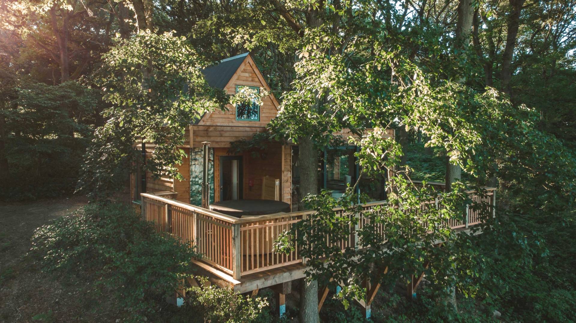 Close-up exterior view of a raised timber treehouse balcony platform nestled tightly among thick green leaves, unique natural backdrop by Love Locations.