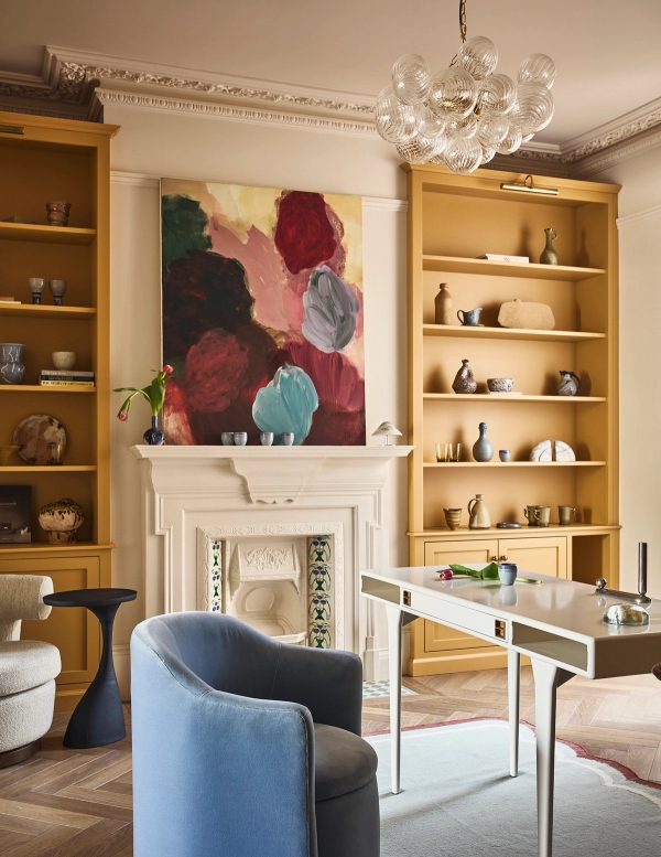 Grand Victorian reception room with ornate white marble fireplace, alcove shelving, and abstract art, Love Locations SE21.