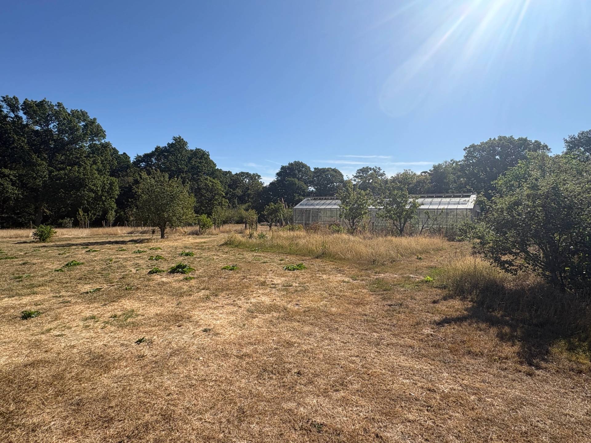 Open rural farm paddock field with industrial outbuildings and greenhouses set in the background, Love Locations BN8.
