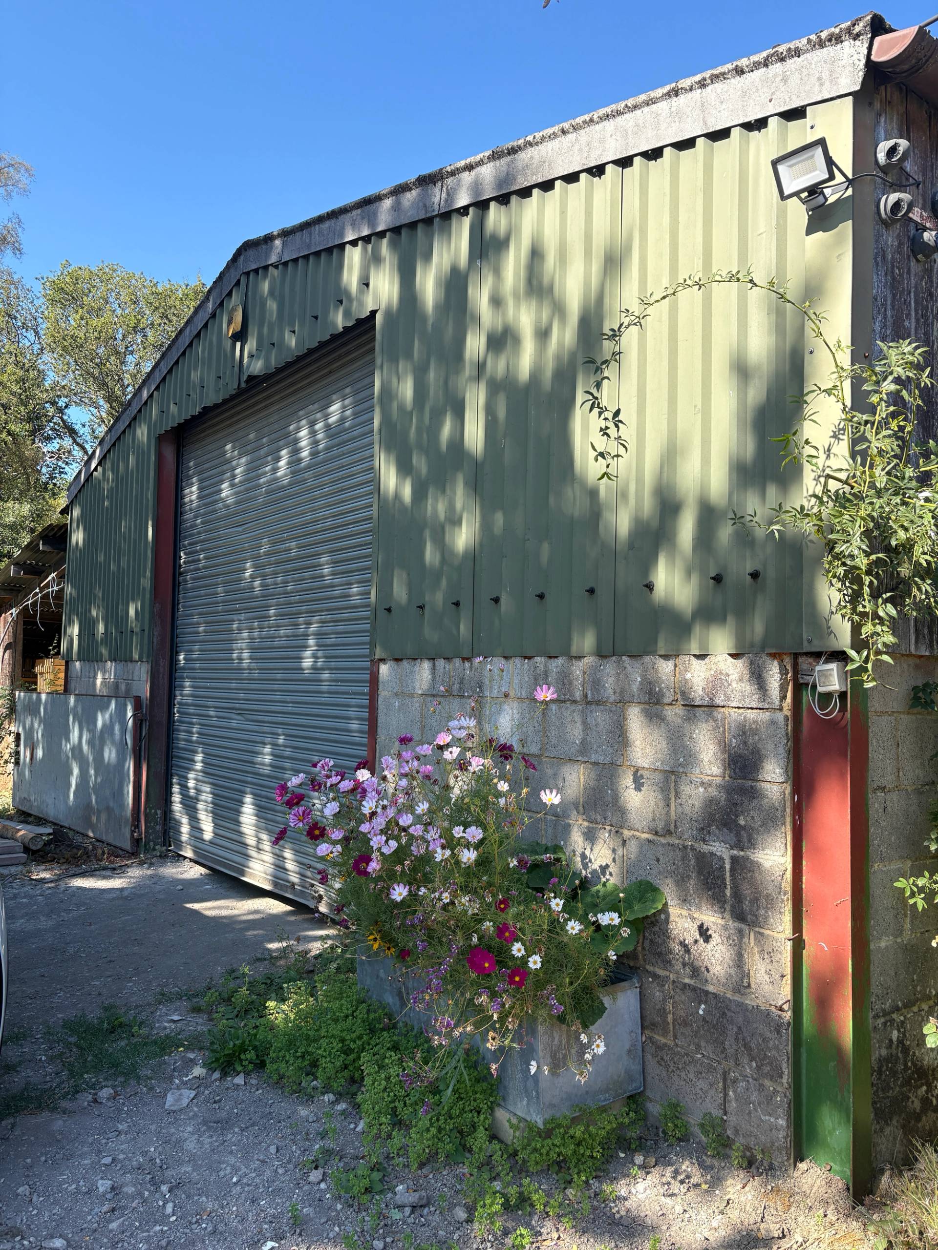 Green corrugated metal industrial barn workshop with roller shutter door and potted plants, Love Locations BN8.