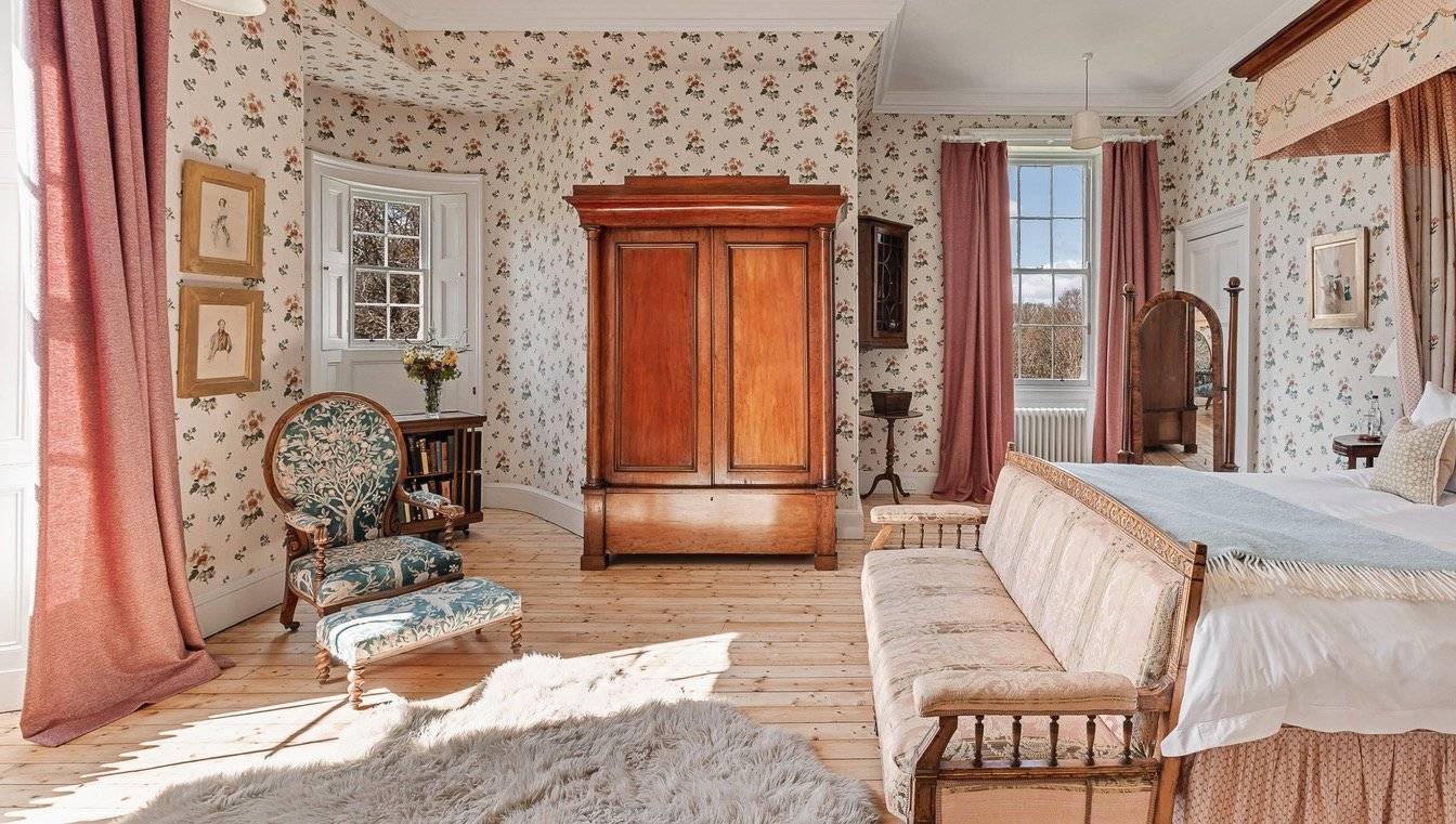 Spacious castle bedroom location featuring a large antique mahogany armoire wardrobe, floral wallpaper, vintage tapestry armchair with footstool, pink drapes, and sash windows, Love Locations KY15.