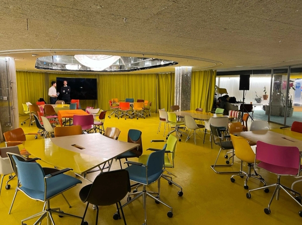 Stylish presentation and event venue with modern design and yellow interior in Whitechapel London – love locations