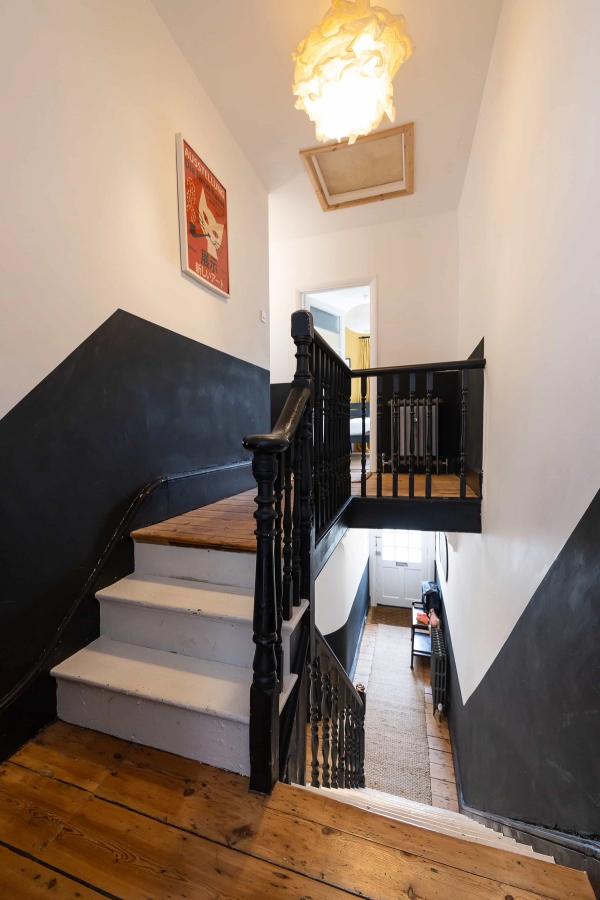 Love Locations split level landing location Forest Gate: Period Victorian staircase layout showcasing high ceilings, dark timber balustrades, and a bright upper floor transition, ideal for film crew staging.