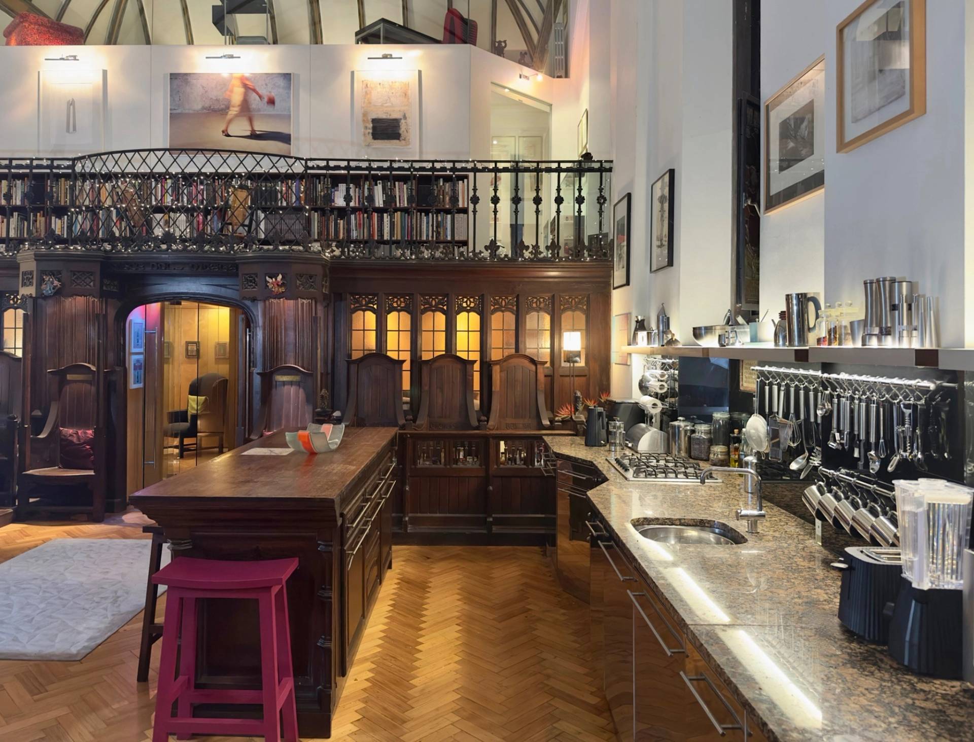 Commercial-style island counter and kitchen bar setup inside a converted church location house in Oval SE5 through Love Locations.
