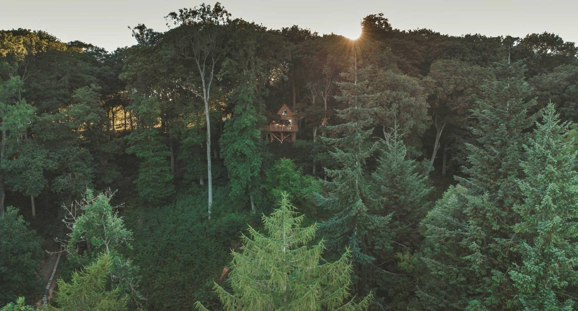 Breathtaking aerial drone sunset perspective of a hidden luxury treehouse completely enveloped by a dense green valley canopy, Love Locations.