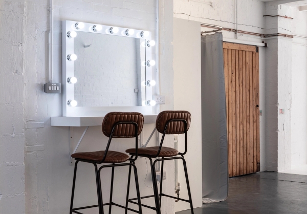 Vanity-style makeup mirror with lights for events and photoshoots at Brixton Warehouse Love Locations.