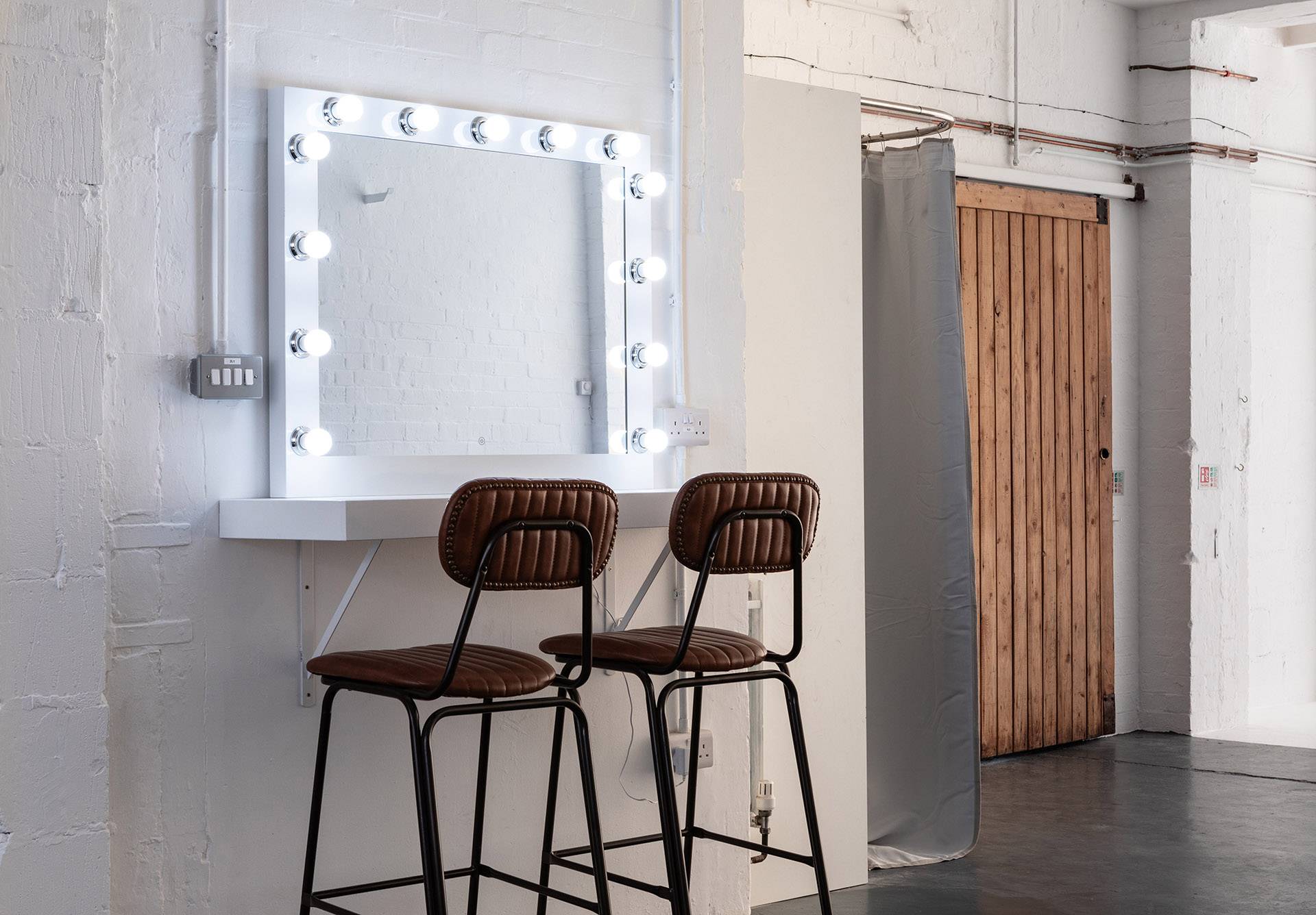 Vanity-style makeup mirror with lights for events and photoshoots at Brixton Warehouse Love Locations.