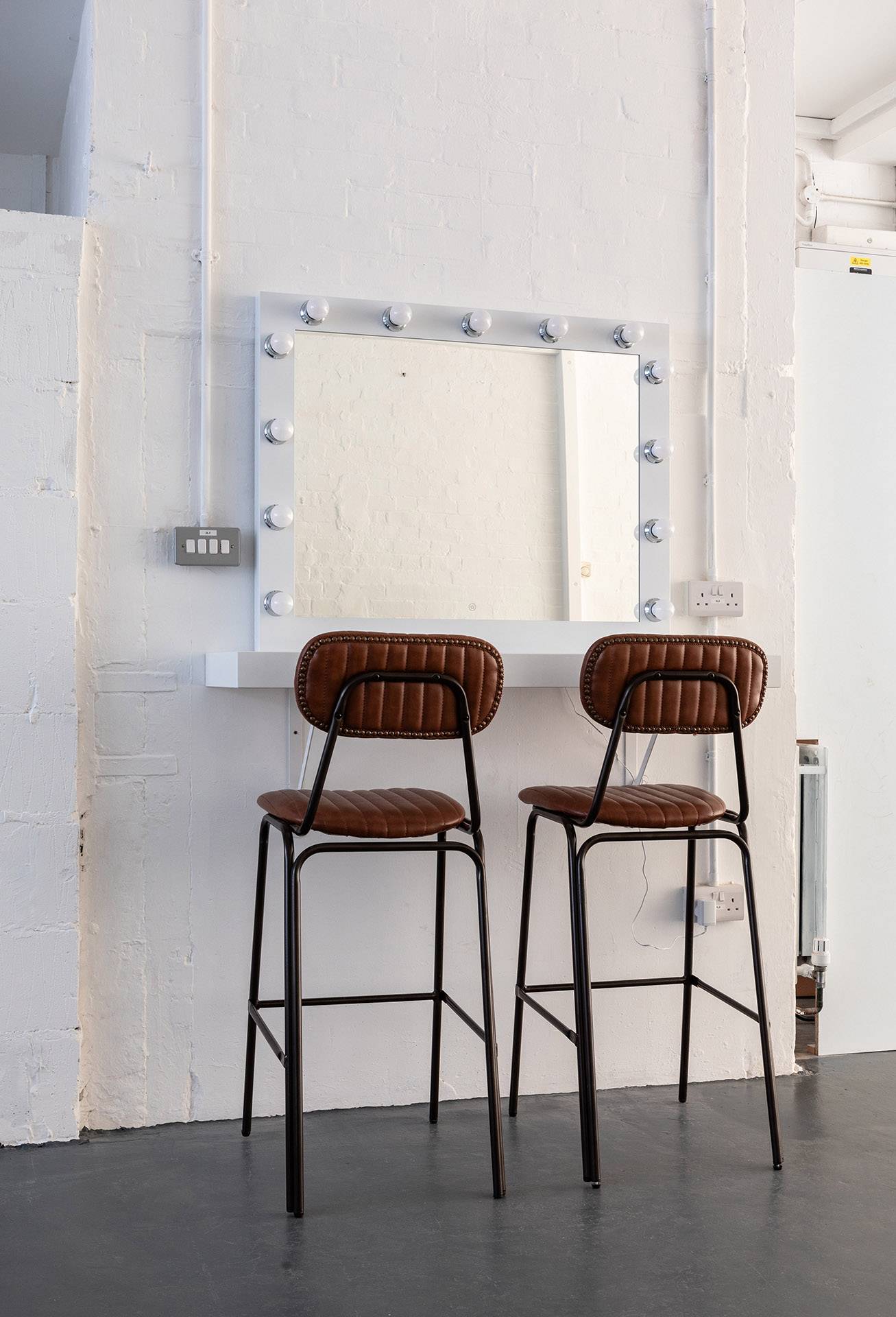 Professional illuminated makeup mirror set up for photography and styling at Brixton Warehouse Love Locations.
