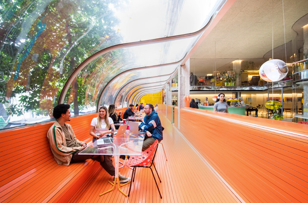 Contemporary East London café and event venue with open seating area and glass roof in Whitechapel – love locations