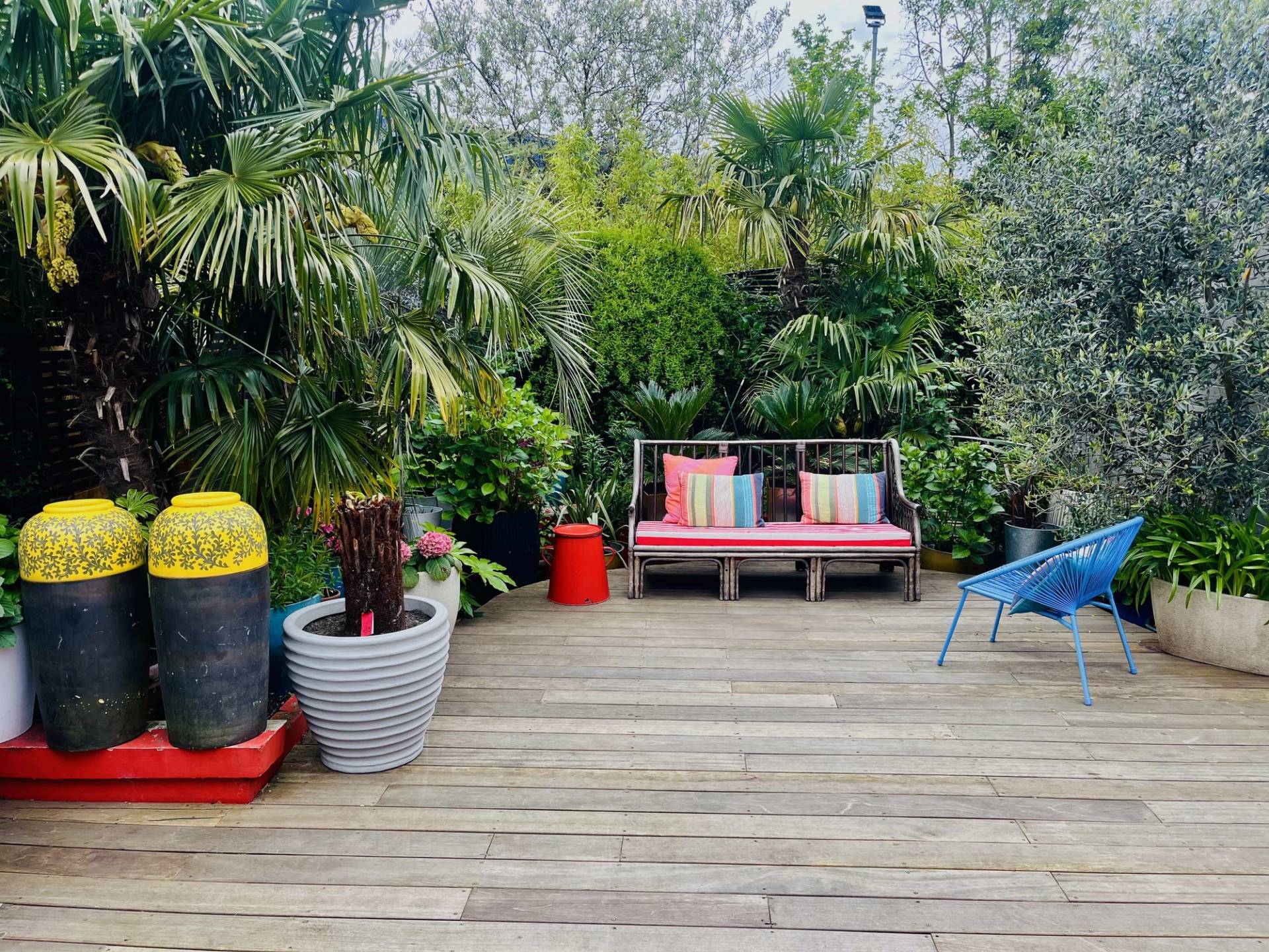 Outdoor lounge deck surrounded by mature trees, palms, and a rustic wooden bench, Love Locations Catford.