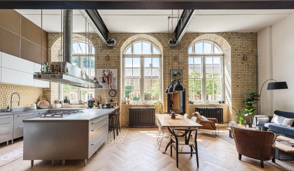 Industrial loft apartment shoot space in a converted Victorian school house featuring herringbone parquet floors, managed by Love Locations SE1.