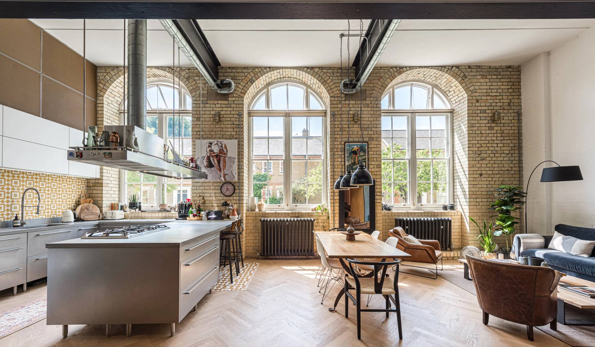 Industrial loft apartment shoot space in a converted Victorian school house featuring herringbone parquet floors, managed by Love Locations SE1.