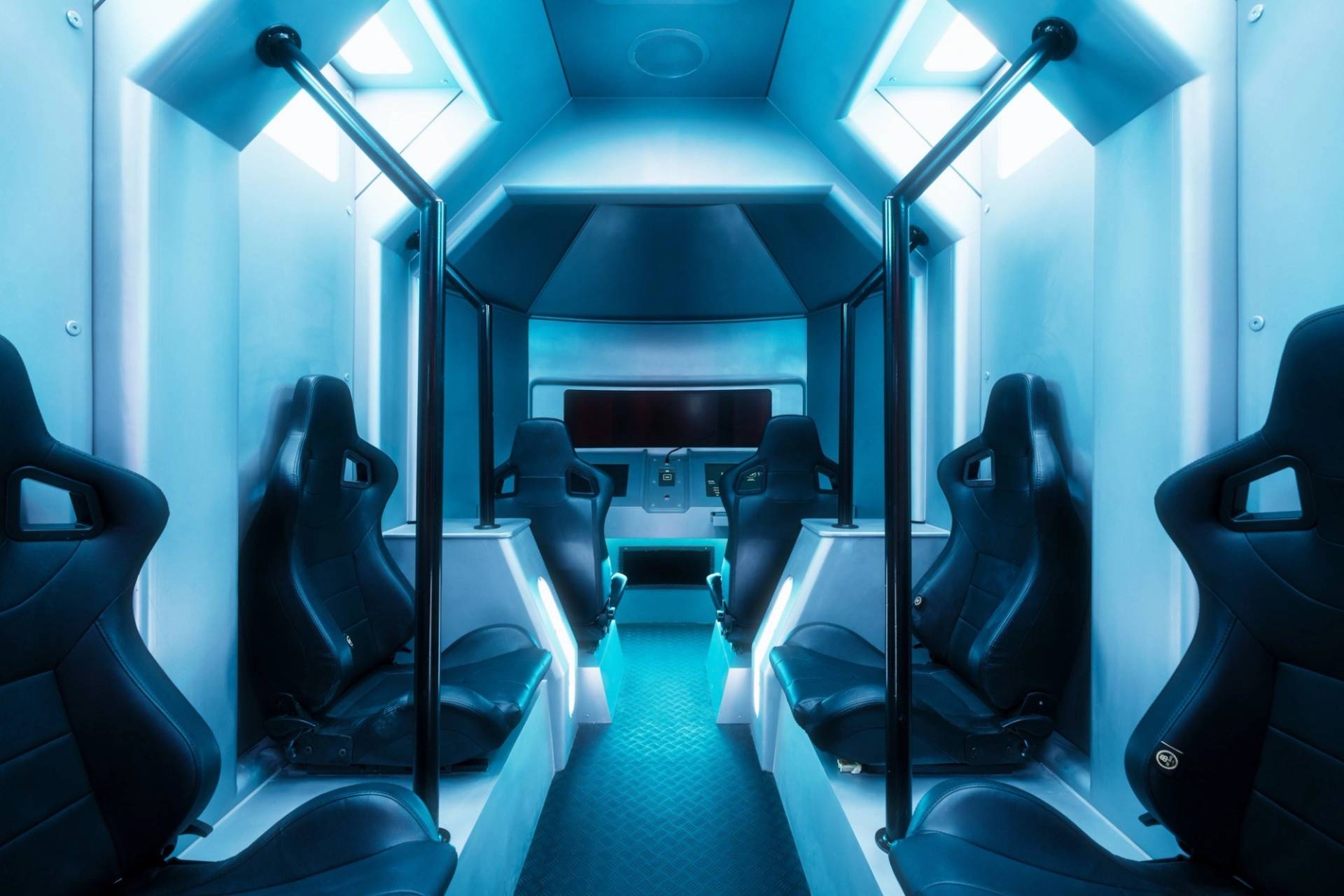 Spaceship crew shuttle interior set featuring rows of pilot seats for immersive cinematic transport scenes, Love Locations.