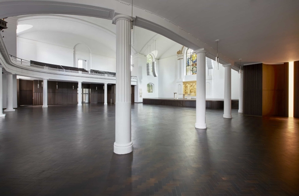 Empty church nave in Hackney prepared for events, Love Locations