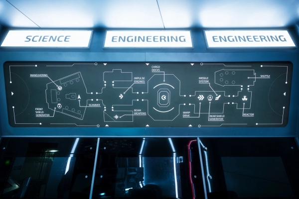 Bespoke spaceship engineering terminal graphic screen inside a premium London sci-fi location venue, managed by Love Locations.