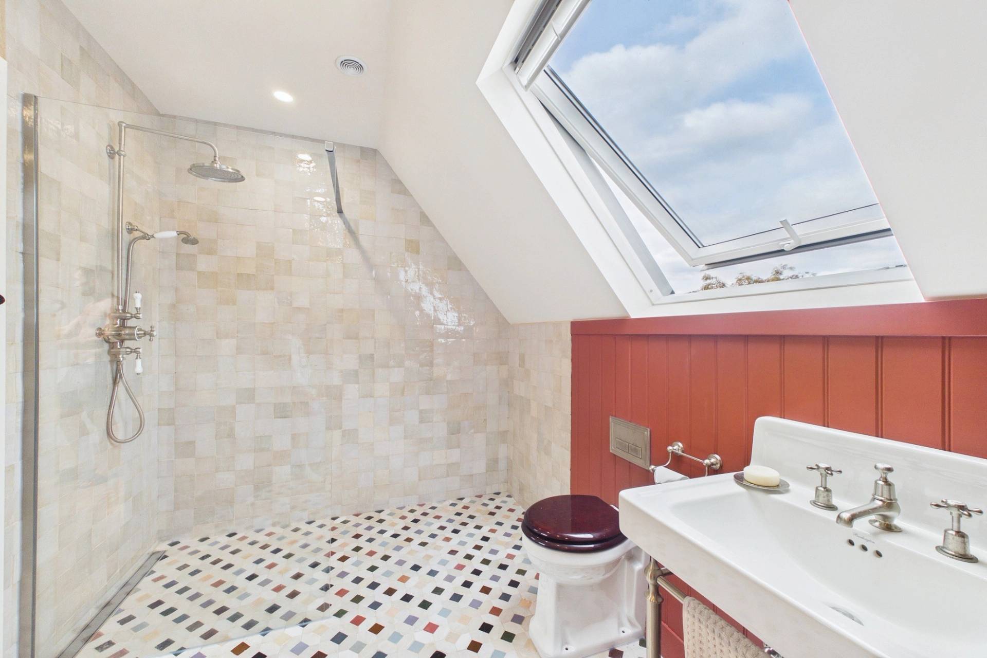 Love Locations bright tiled bathroom with skylight for filming and shoots
