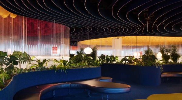 Stylish Whitechapel London members club bar with lounge seating and skyline views available through love locations