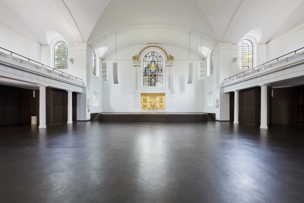 Open-plan church interior in Hackney with whitewashed walls, Love Locations shoot location