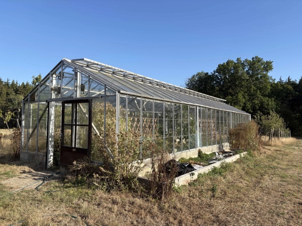 Rustic glass greenhouse structure set amongst open overgrown fields and countryside, Love Locations BN8.