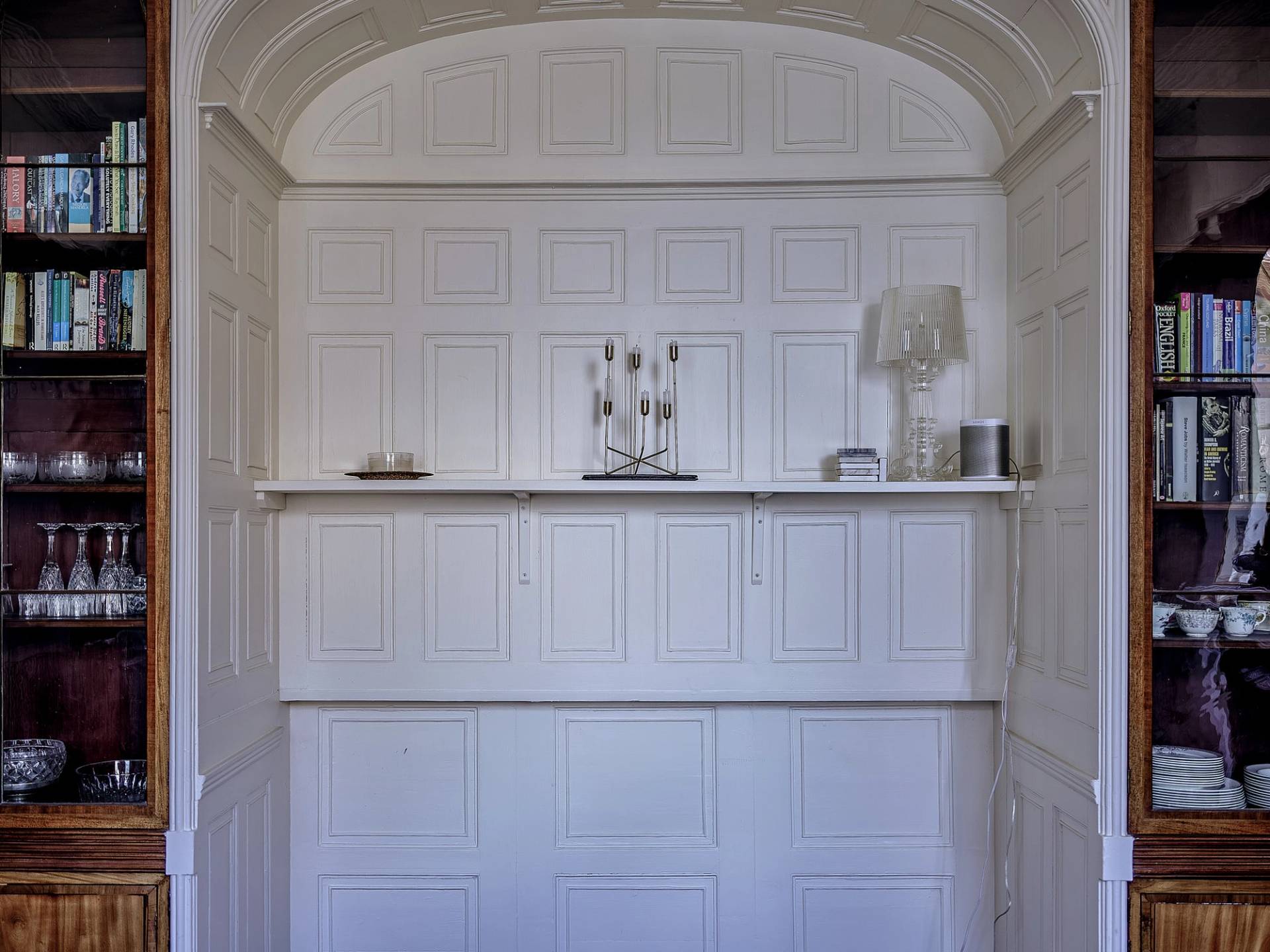 White painted timber panelling wall feature with a display shelf and period mouldings, Love Locations ME13.