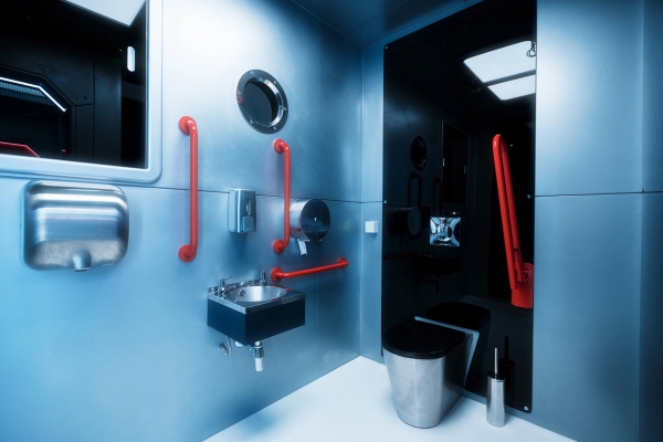 Industrial stainless steel spaceship bathroom and washroom set for realistic on-screen sets, Love Locations SE1.