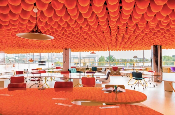 Bright East London work and meeting space with sculptural ceiling design in Whitechapel London – love locations