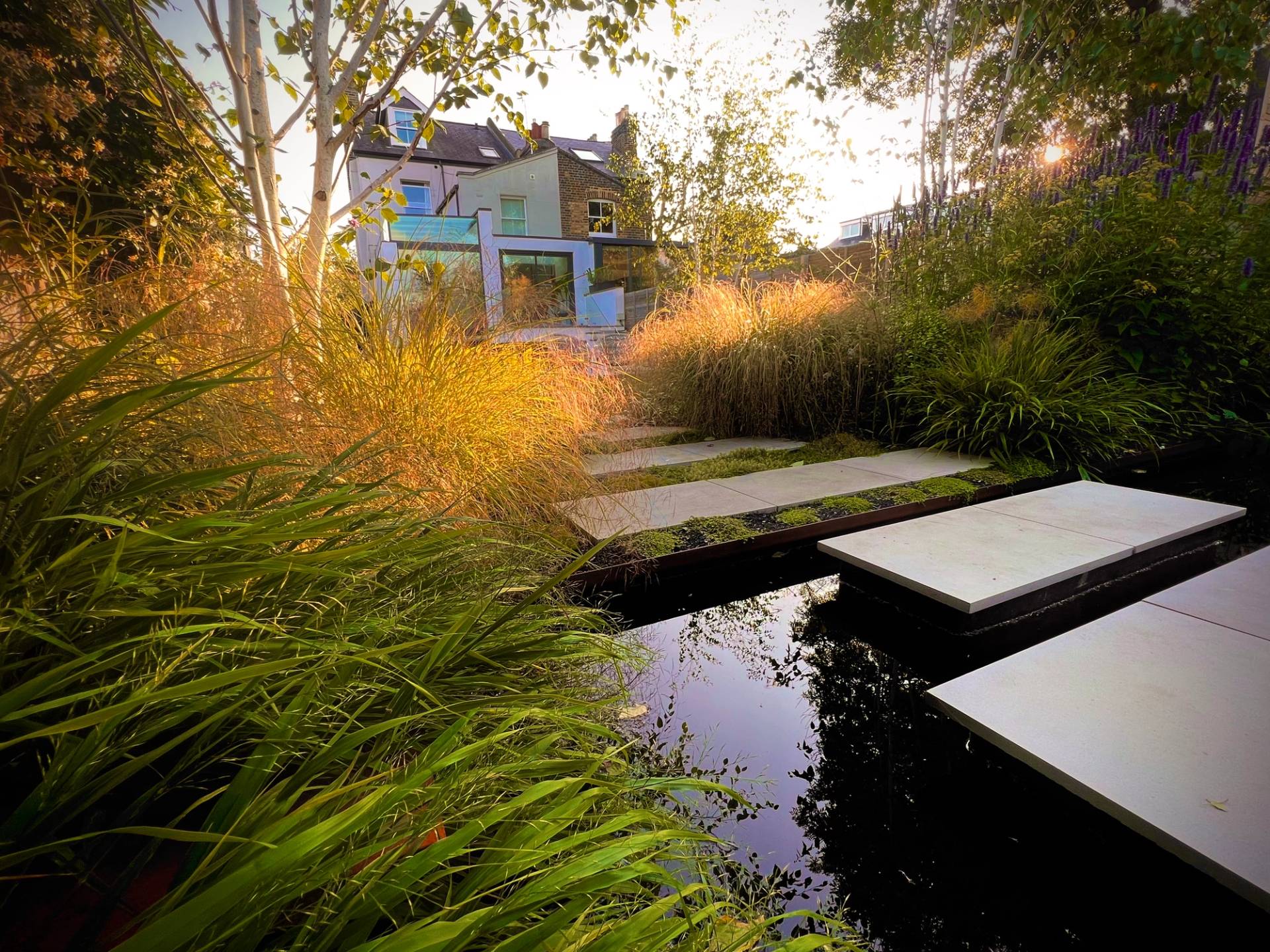 Tranquil garden pond at sunset with concrete stepping stones and tall ornamental grasses, Love Locations TW1.