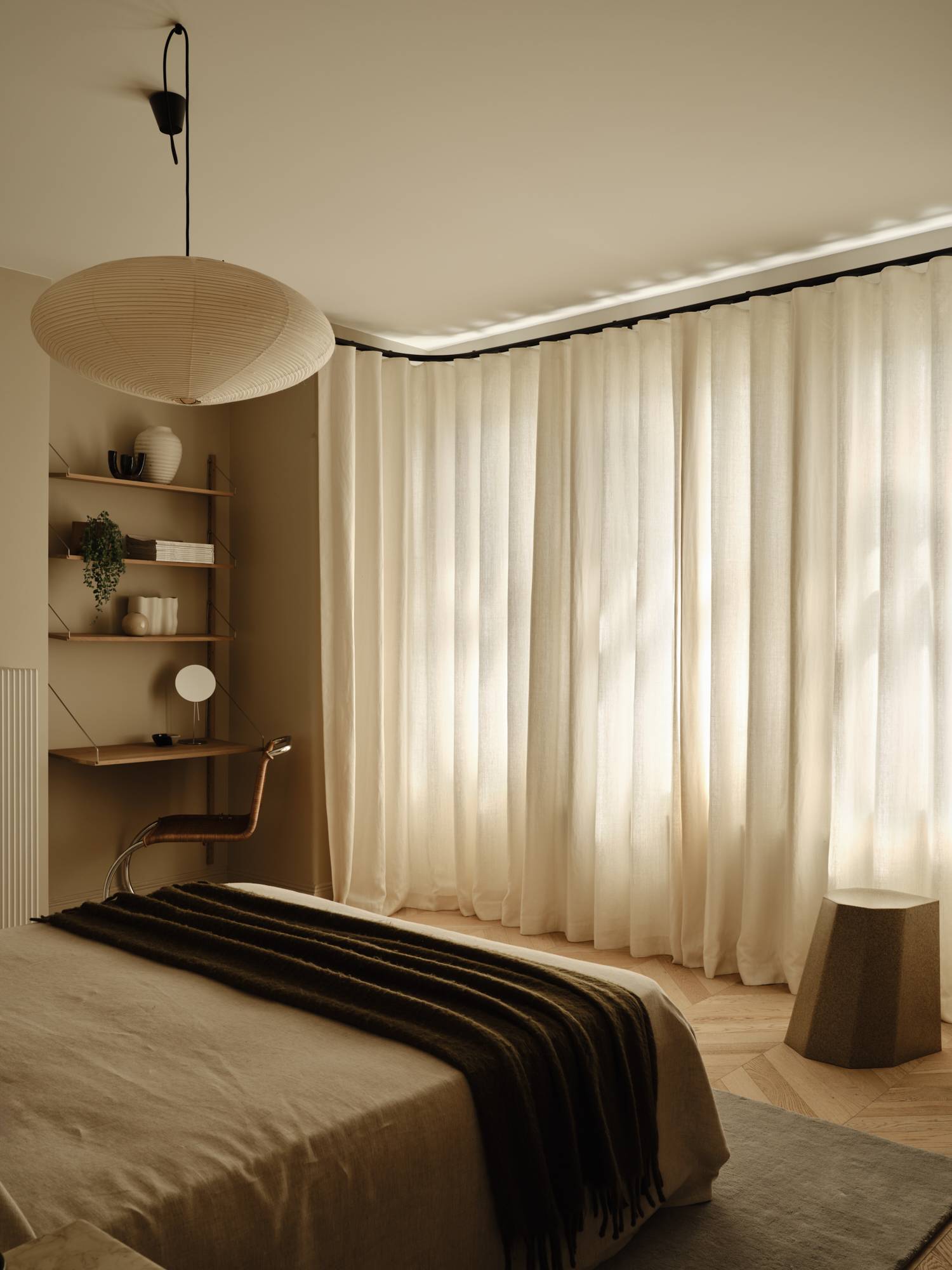 Love Locations soft daylight studio Lewisham: Master bedroom window bay dressed in dramatic, ceiling-height sheer linen curtains that perfectly diffuse natural light for film crews.