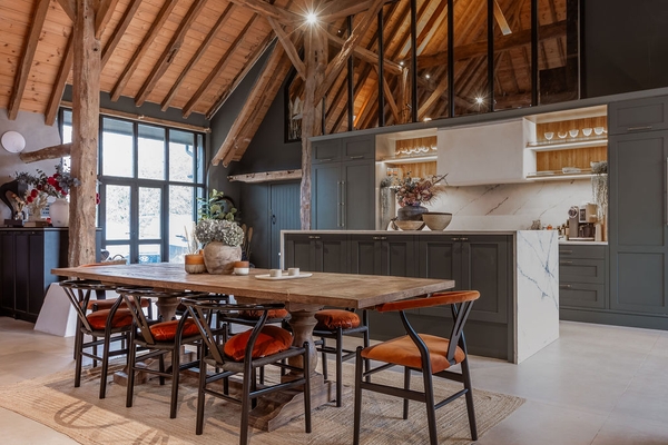 Exposed timber trusses in a luxury barn conversion Love Locations.