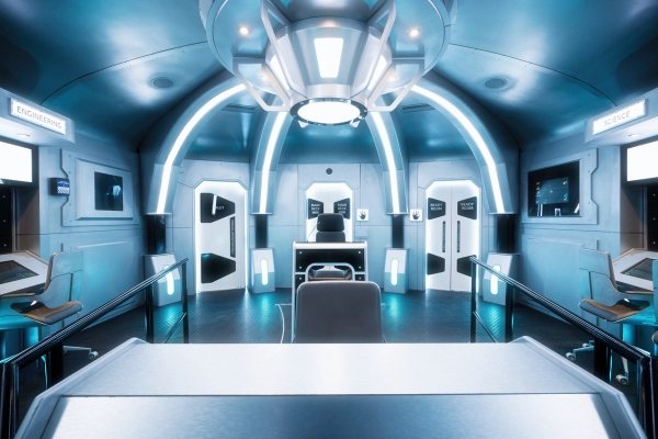 High-end spaceship set bridge with architectural ceiling details for cinematic music videos in Lambeth, SE1, via Love Locations.