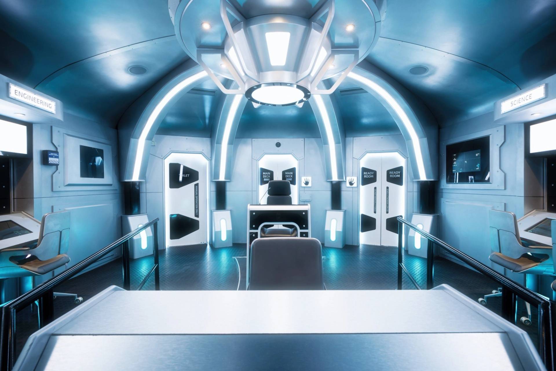 High-end spaceship set bridge with architectural ceiling details for cinematic music videos in Lambeth, SE1, via Love Locations.