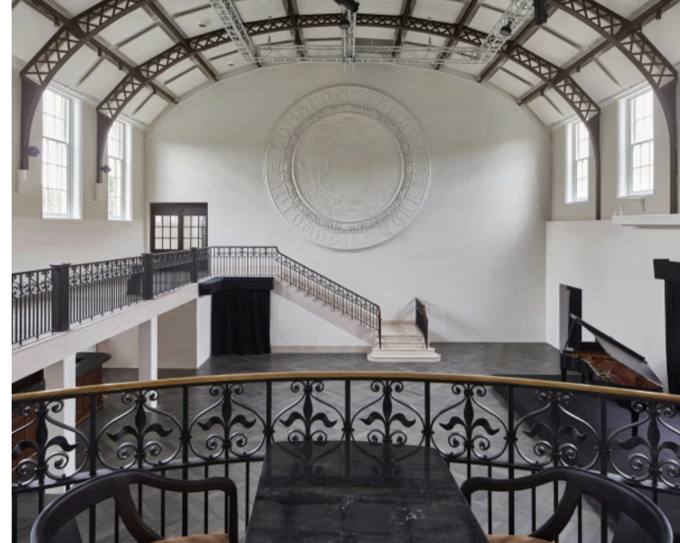 Large contemporary event hall at Ladbroke Hall with dramatic architecture, ideal for Christmas parties and corporate events.