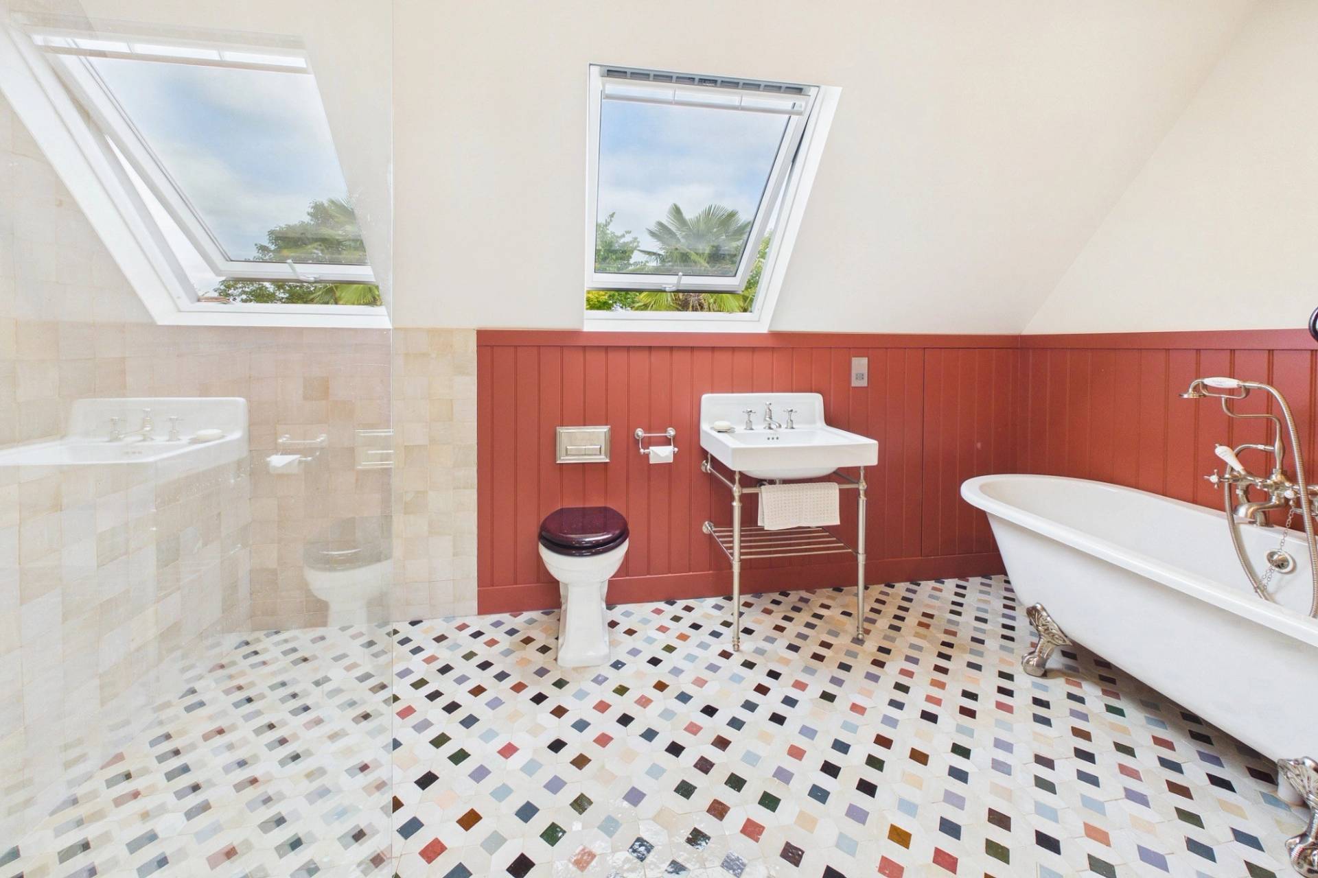 Love Locations colourful bathroom with skylight for TV, film and photography