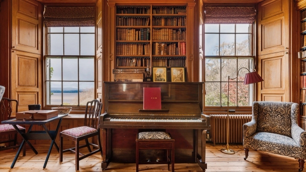 Upright acoustic piano set against wooden bookshelves in a historic castle library room, Love Locations KY15.