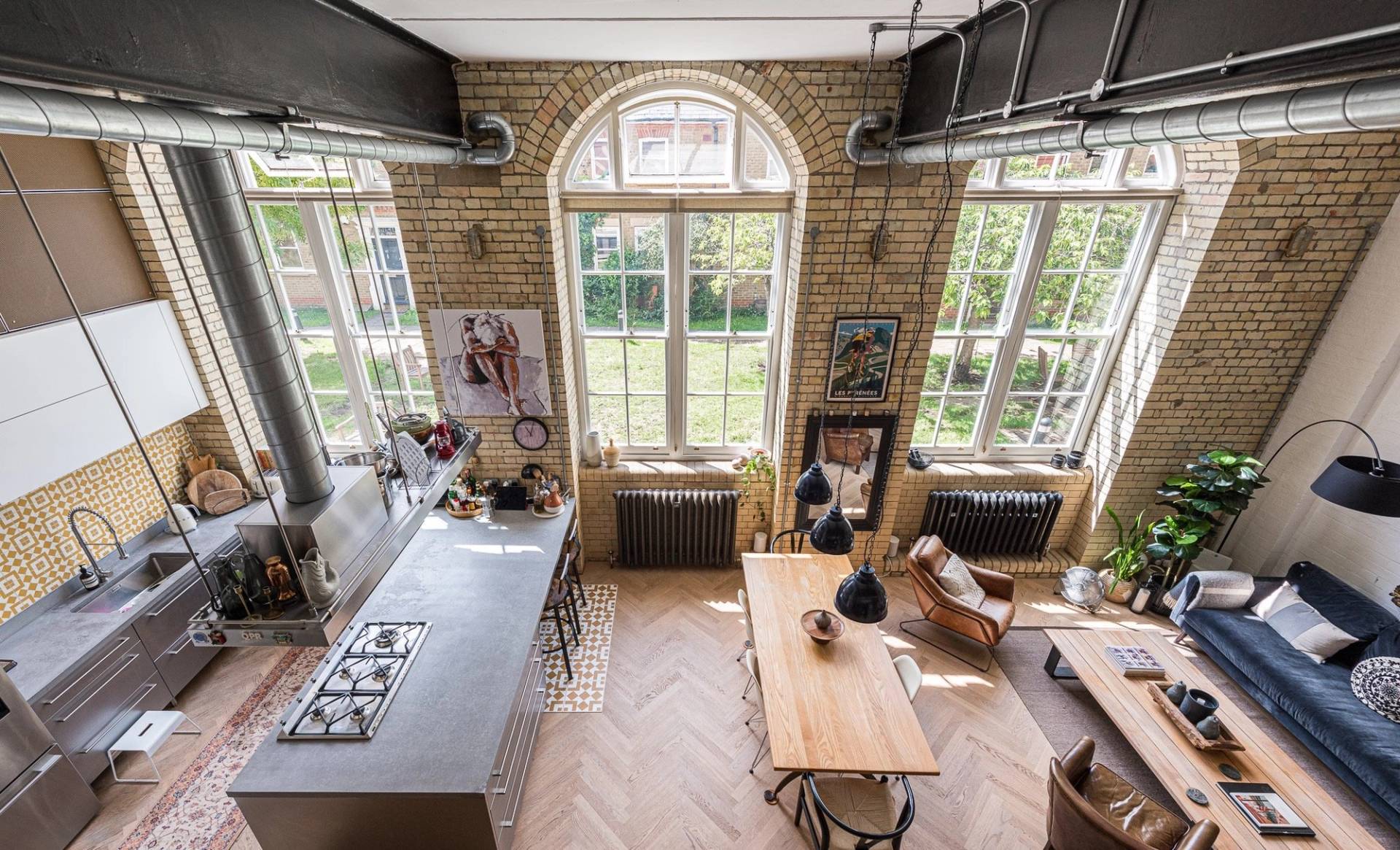Overhead production perspective of an open-plan converted school house shoot space in London Bridge area, Love Locations.