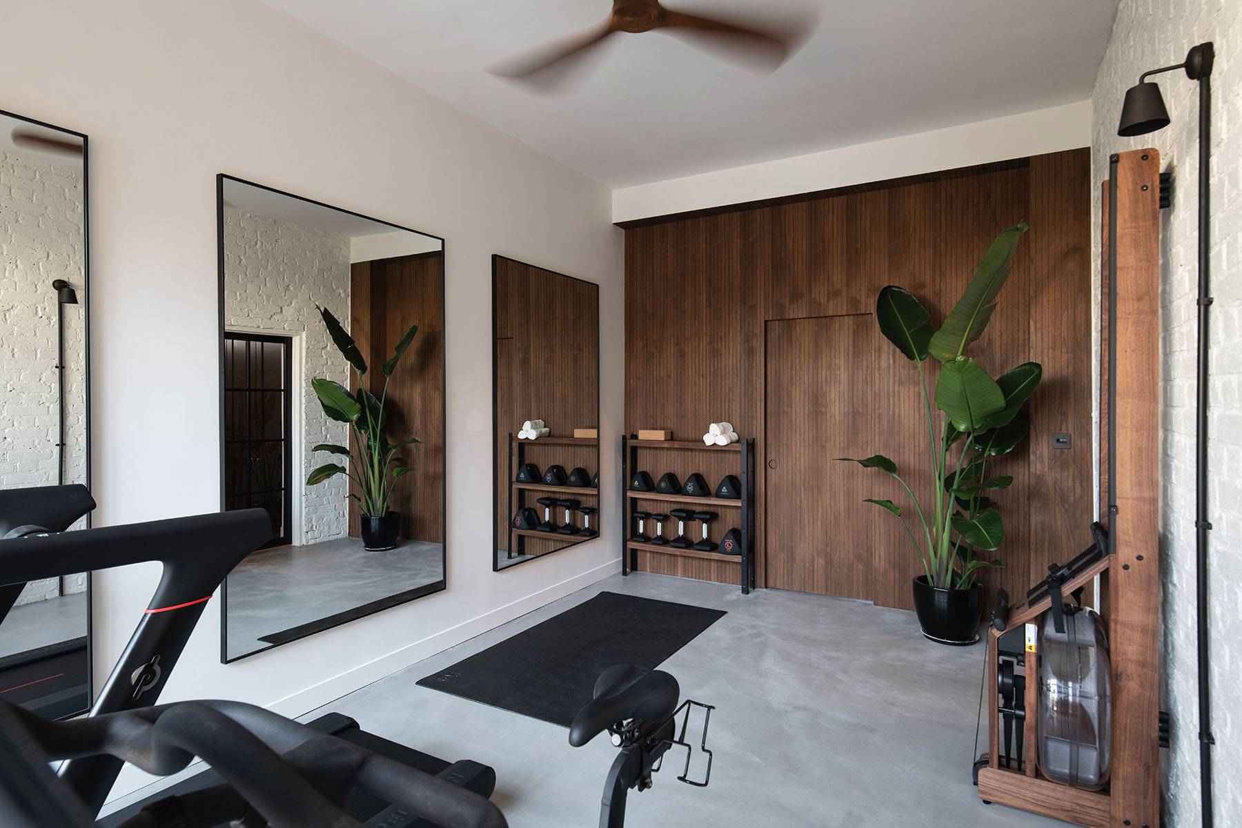 Modern home gym room with vertical wood panel feature wall, potted Monstera plant, and dumbbell kettlebell racks, ideal for fitness campaigns, Love Locations SW16.