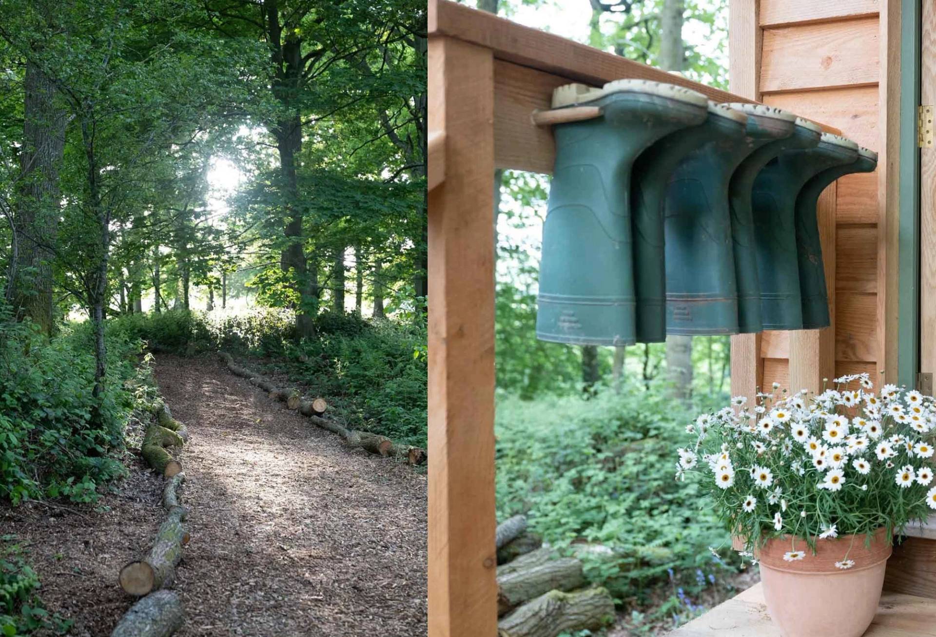 Rustic timber frame boot rack holding green wellington boots outside alongside a woodchip forest path, ideal for outdoor apparel branding, Love Locations.