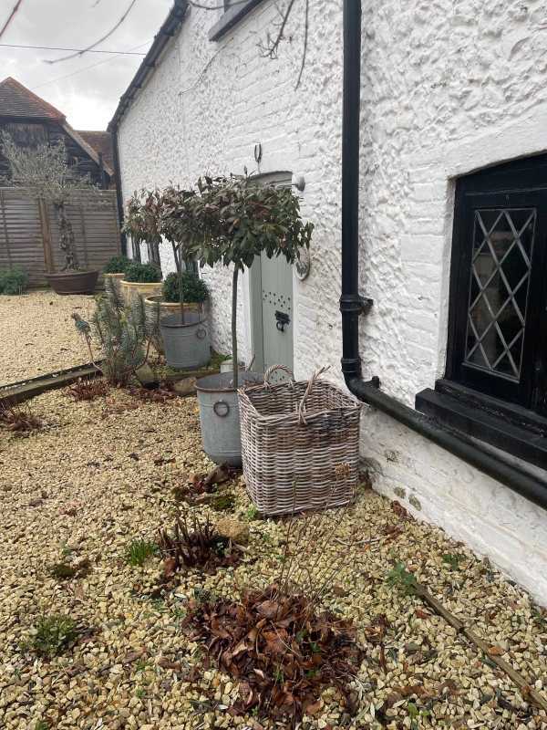 Charming gravel pathway and exterior garden entrance of a historic valley cottage bordered by clipped green shrubbery, Love Locations.