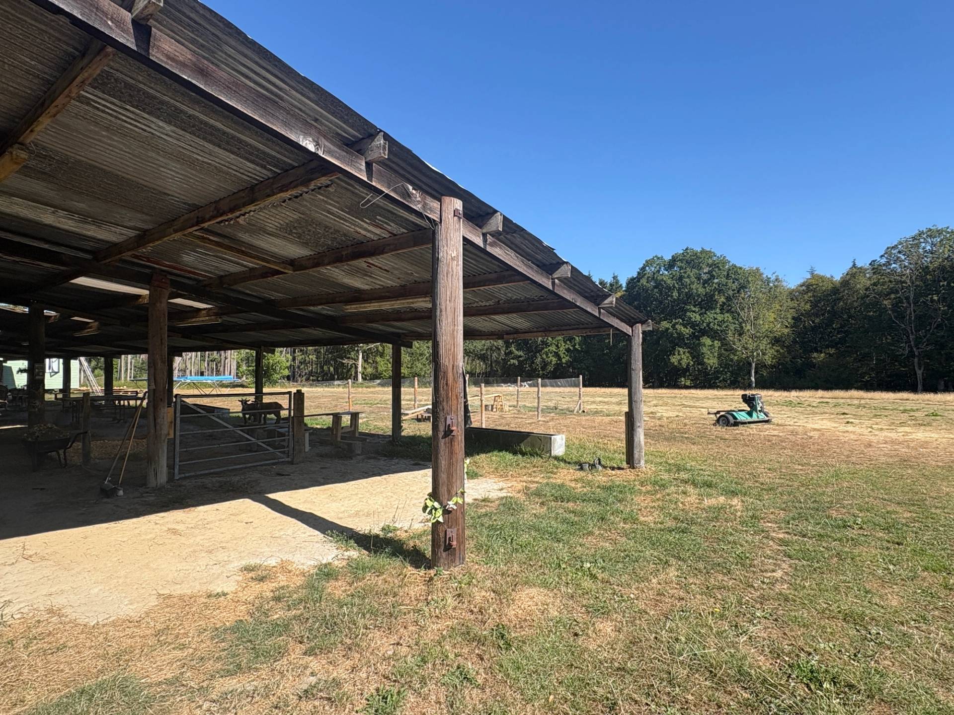 Open-sided timber pole barn structure set beside dry grassy fields on a Sussex farm, Love Locations BN8.
