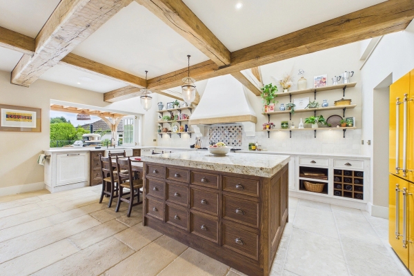 Love Locations rustic farmhouse kitchen island and dining area for filming
