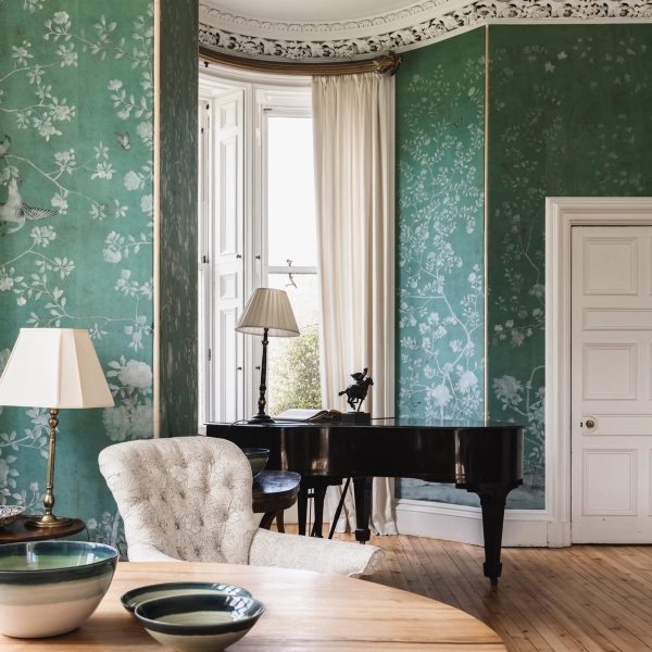 Grand piano detail in a castle drawing room with bay window light for music and film shoots, Love Locations KY15.